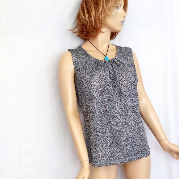 CALVIN KLEIN Gray/Black Animal Print Sleeveless Stretch Tank Cami Top Sz L - Picture 3 of 8